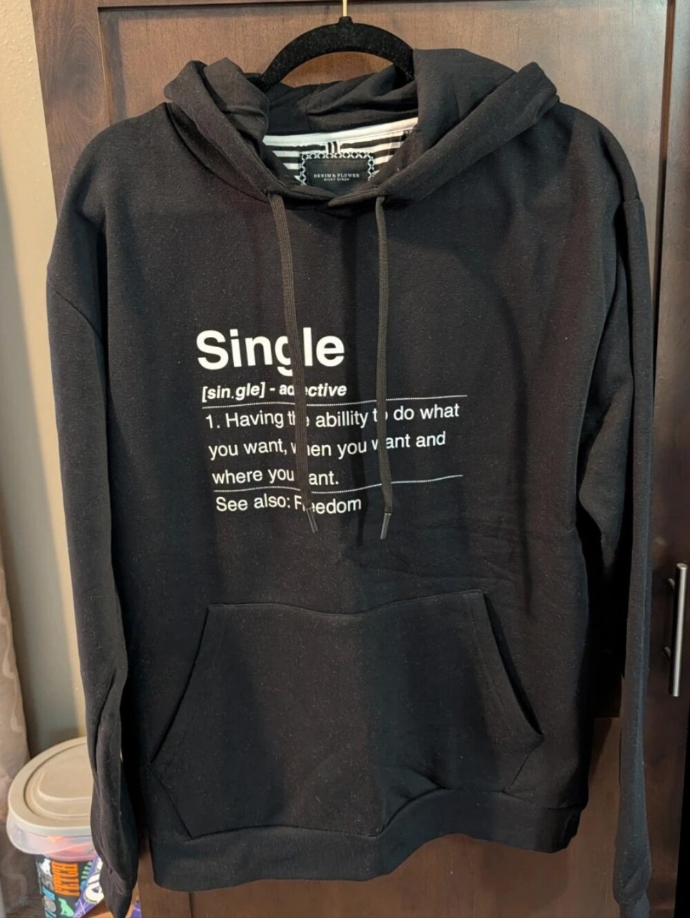 Denim & Flower Black Hoodie with 'Single' Definition Graphic. Large.